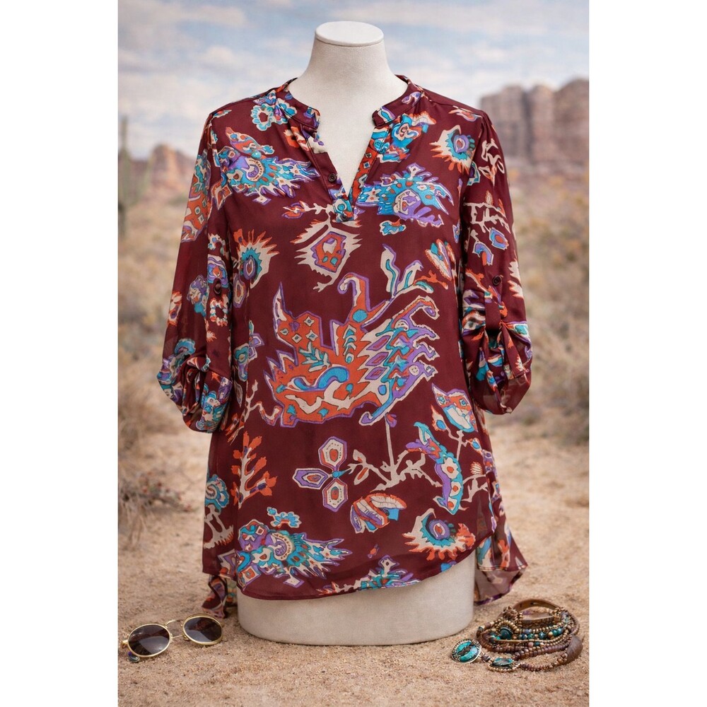 Gibson & Latimer Boho Aztec Blouse Women Small Red Blue Sheer Tunic Festival